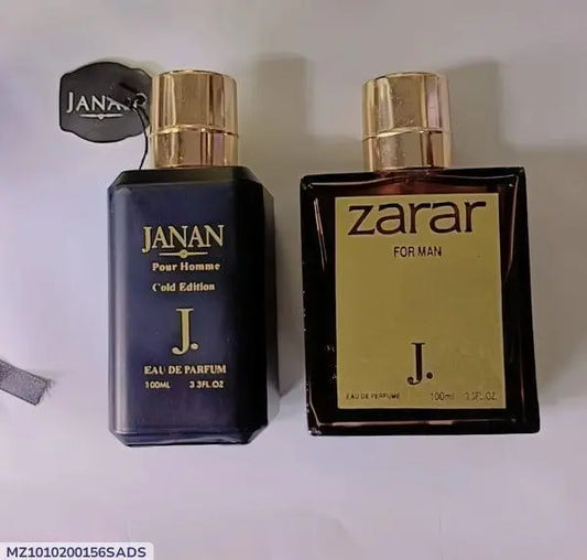 Two perfume bottles, one labeled 'Janan' and the other 'Zarar for Man', on a light background.